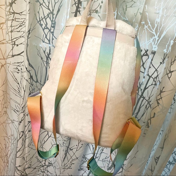 Betsey Johnson white fuzzy furry unicorn hood rainbow big zip up backpack bag - Picture 7 of 8